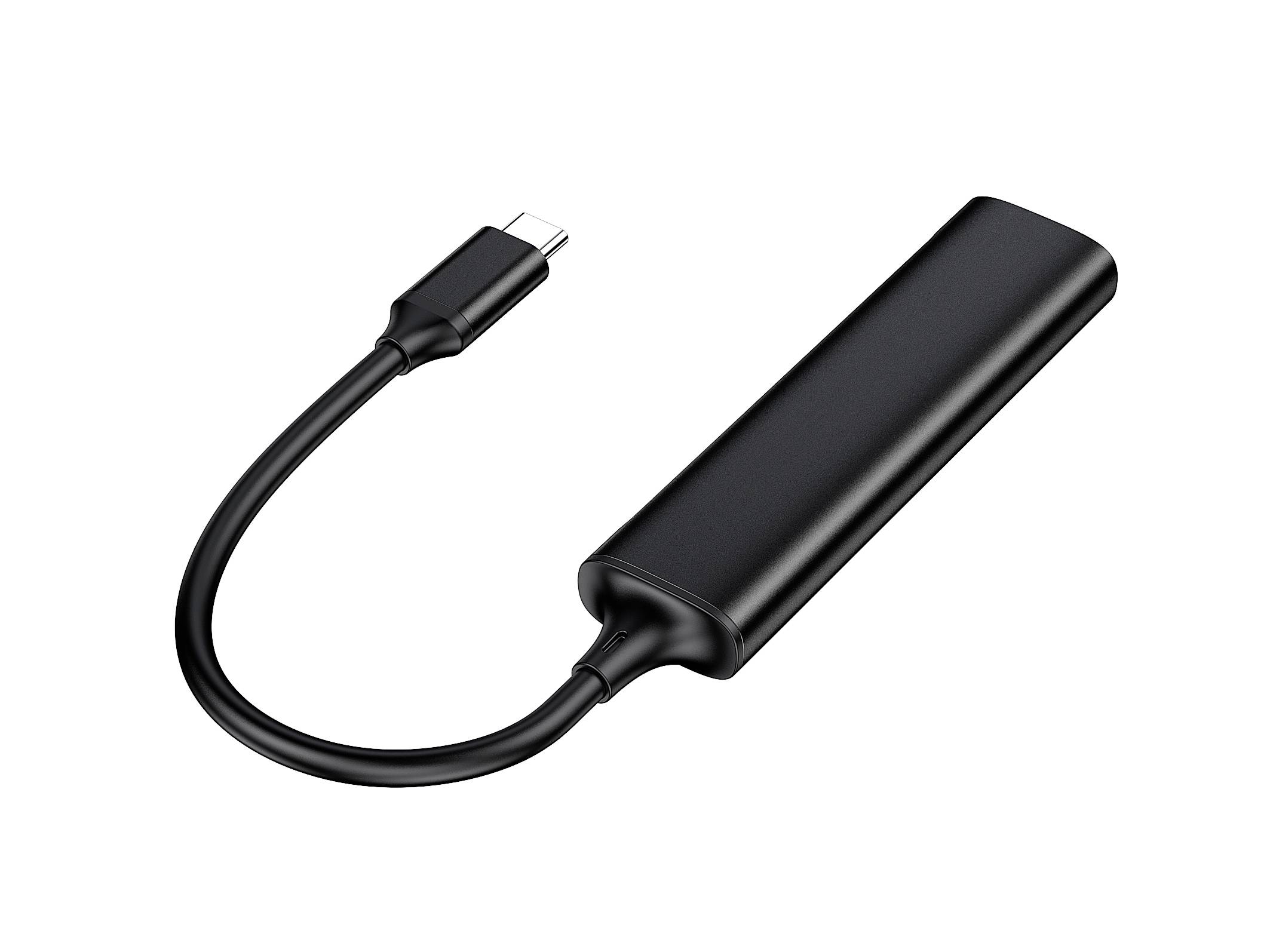 Czarny przenośny dysk SSD z złączem USB-C, leżący na białym tle.