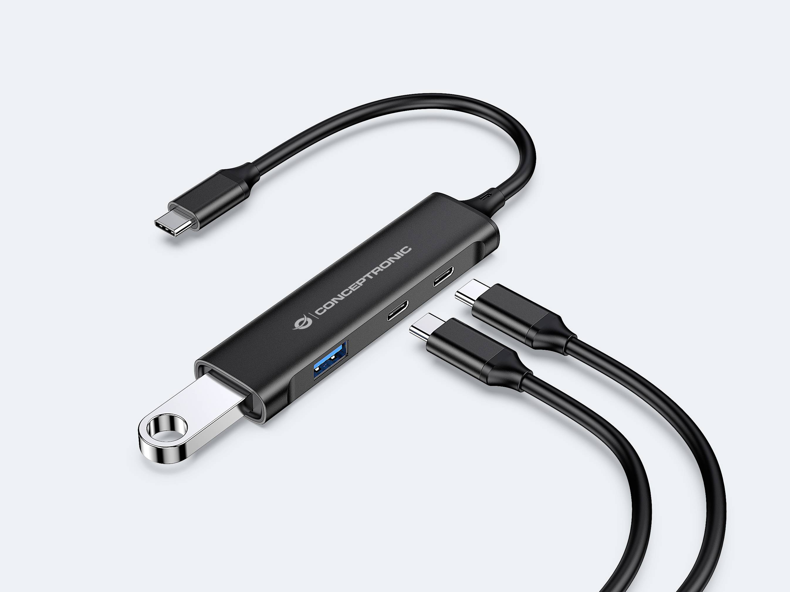 Czarny hub USB-C z różnymi portami i dwoma kablami. Odpowiedni do podłączenia wielu urządzeń do laptopa.