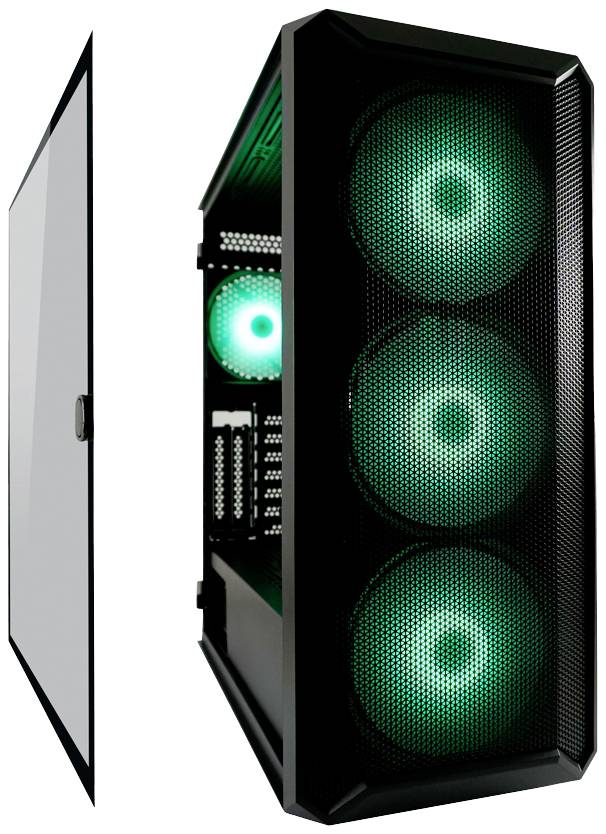 Czarna obudowa komputera z otwartym panelem bocznym i czterema zielonymi wentylatorami LED.