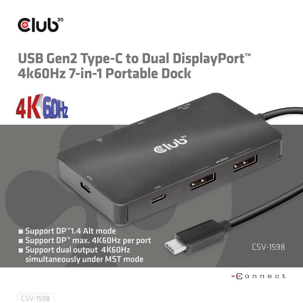 Przenośna stacja dokująca z czterema portami, obsługująca USB-C do podwójnego DisplayPort, 4K przy 60Hz, numer modelu CSV-1598.