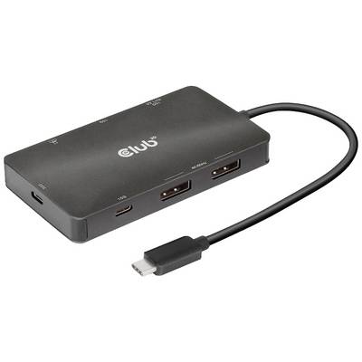 Czarny adapter wieloportowy USB-C z wieloma złączami, w tym USB, HDMI i DisplayPort, przeznaczony do podłączania urządzeń komputerowych.