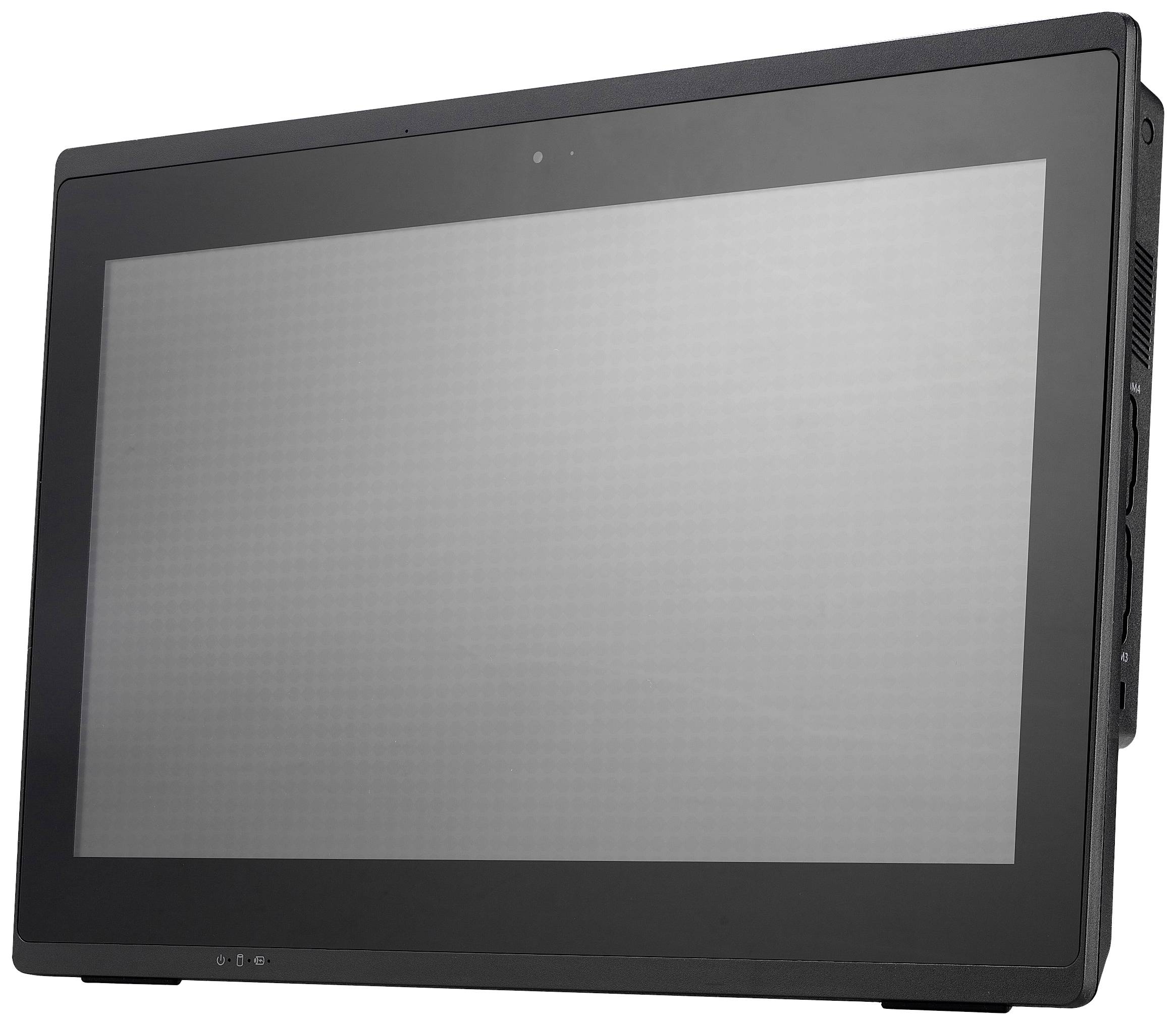 Czarny, płaski monitor komputerowy z szeroką ramką, wyłączony i pokazany z perspektywy bocznej.