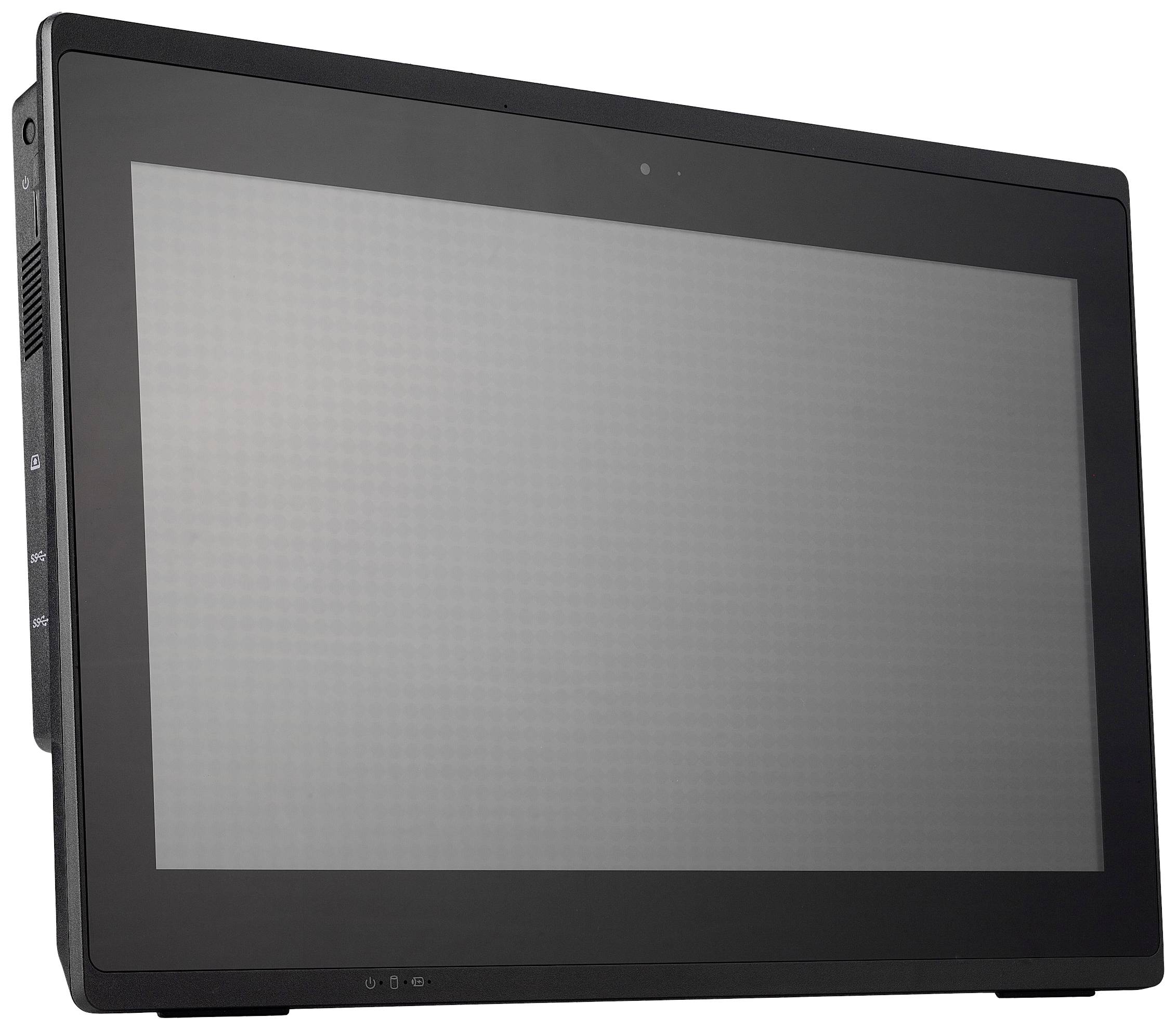 Monitor z płaskim ekranem w czarnej ramce, wyłączony, na białym tle.