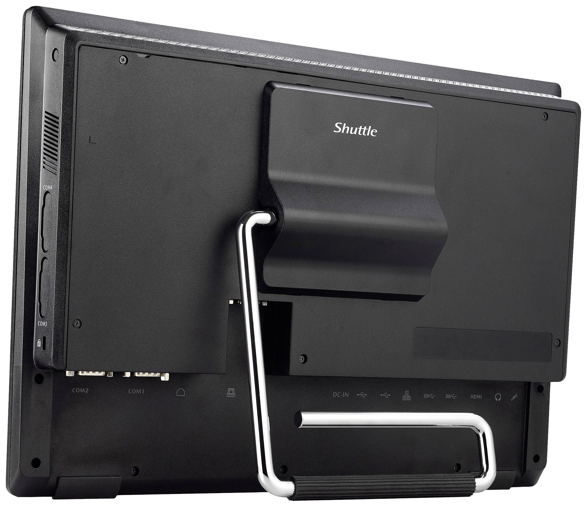 Widok z tyłu czarnego monitora z srebrną podstawą marki Shuttle, przedstawiający złącza i szczeliny wentylacyjne.