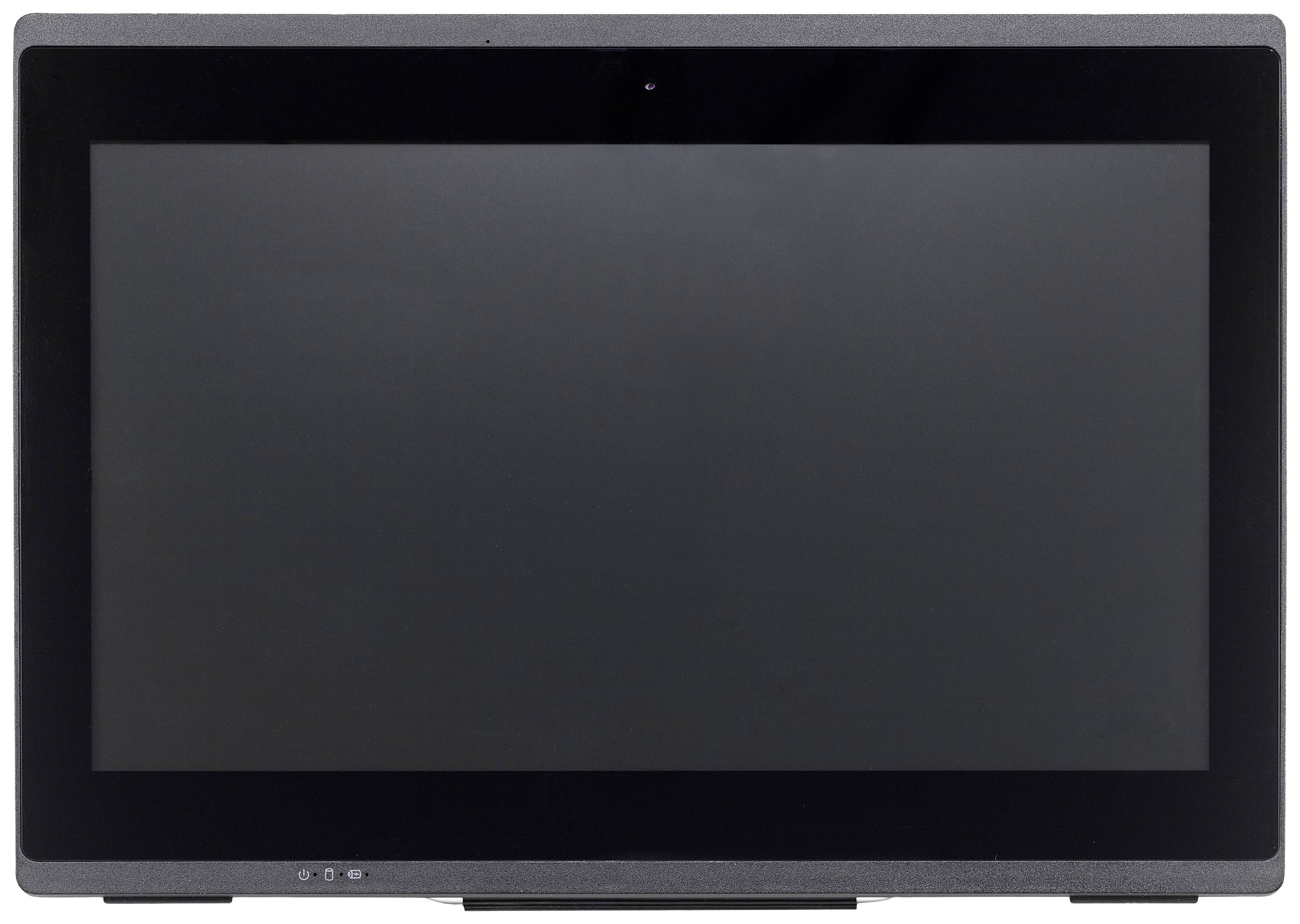 Czarny ekran tabletu z wyłączonym wyświetlaczem na szarym tle.