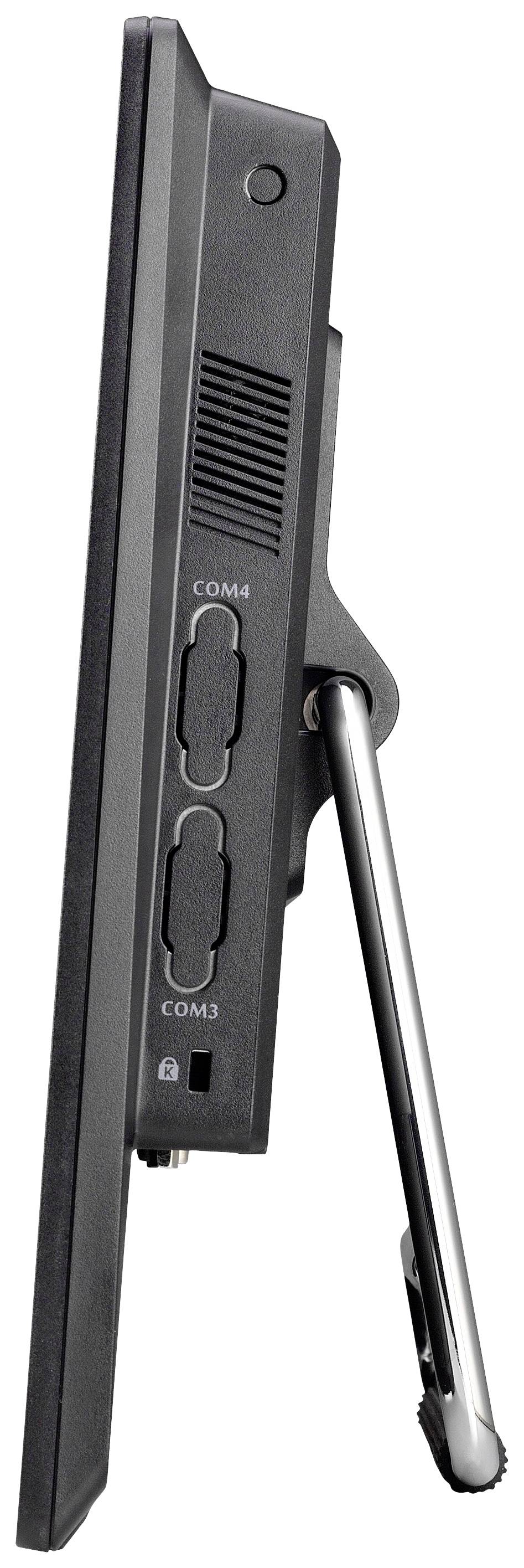 Widok z boku płaskiego, czarnego ekranu z zintegrowaną podstawą. Widoczne dwa porty przyłączeniowe, oznaczone etykietami 'COM4' i 'COM3'.
