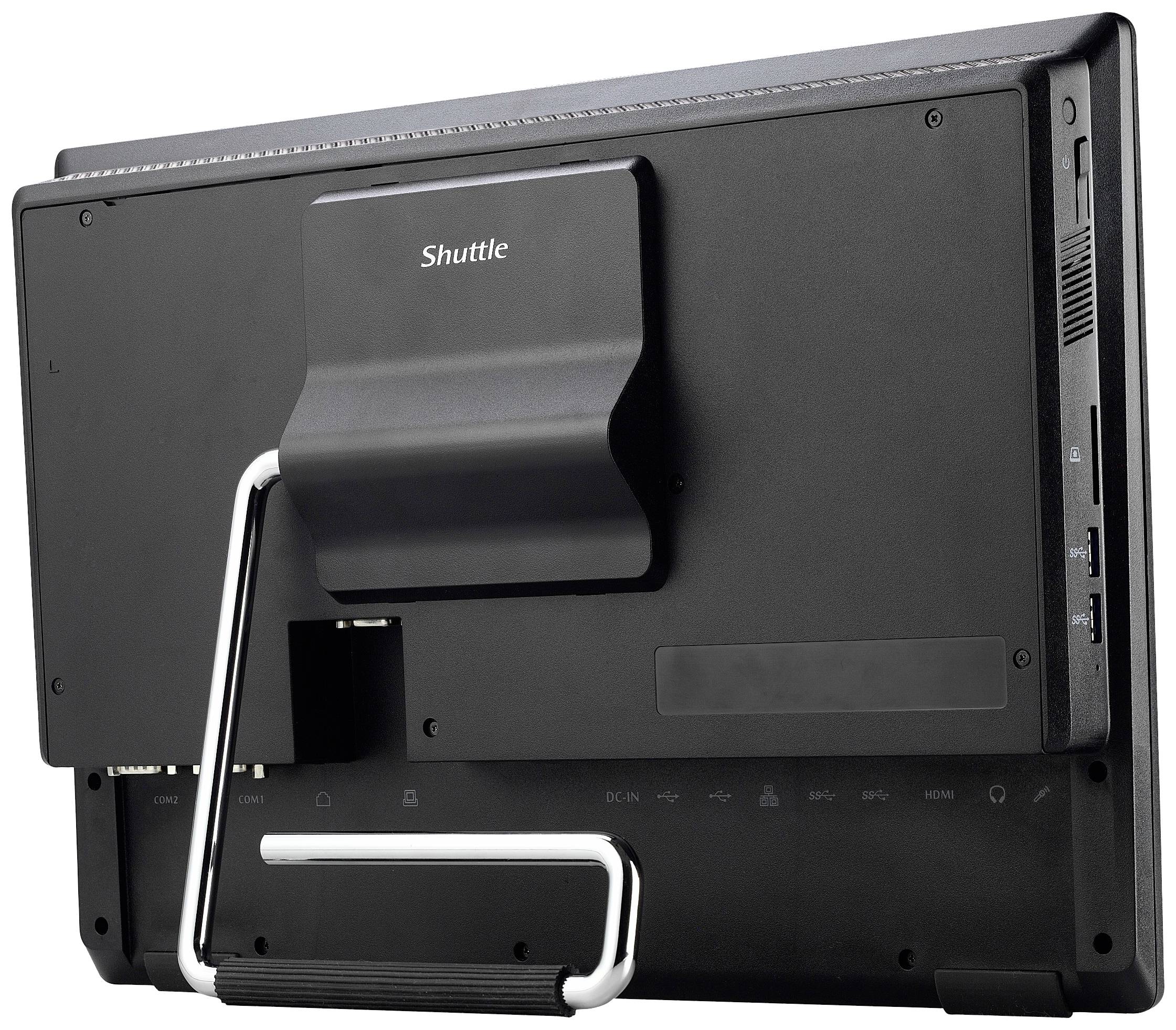 Czarny ekran komputera All-in-One firmy Shuttle widziany od tyłu, z solidnym metalowym stojakiem, oznaczony napisem 'Shuttle'. Z boku widoczne są złącza.