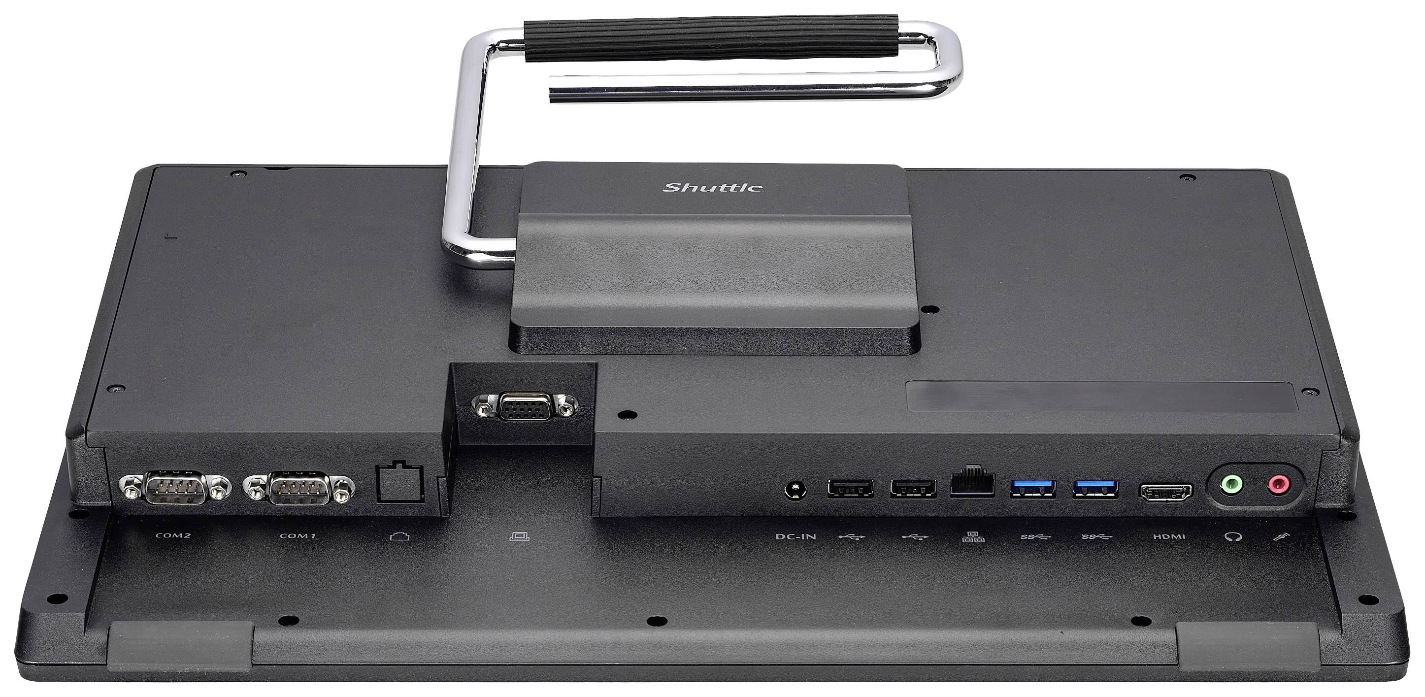 Tylna strona czarnego panelu z wieloma złączami, w tym złączami USB, HDMI, VGA i Audio. Górna część wyposażona jest w uchwyt.