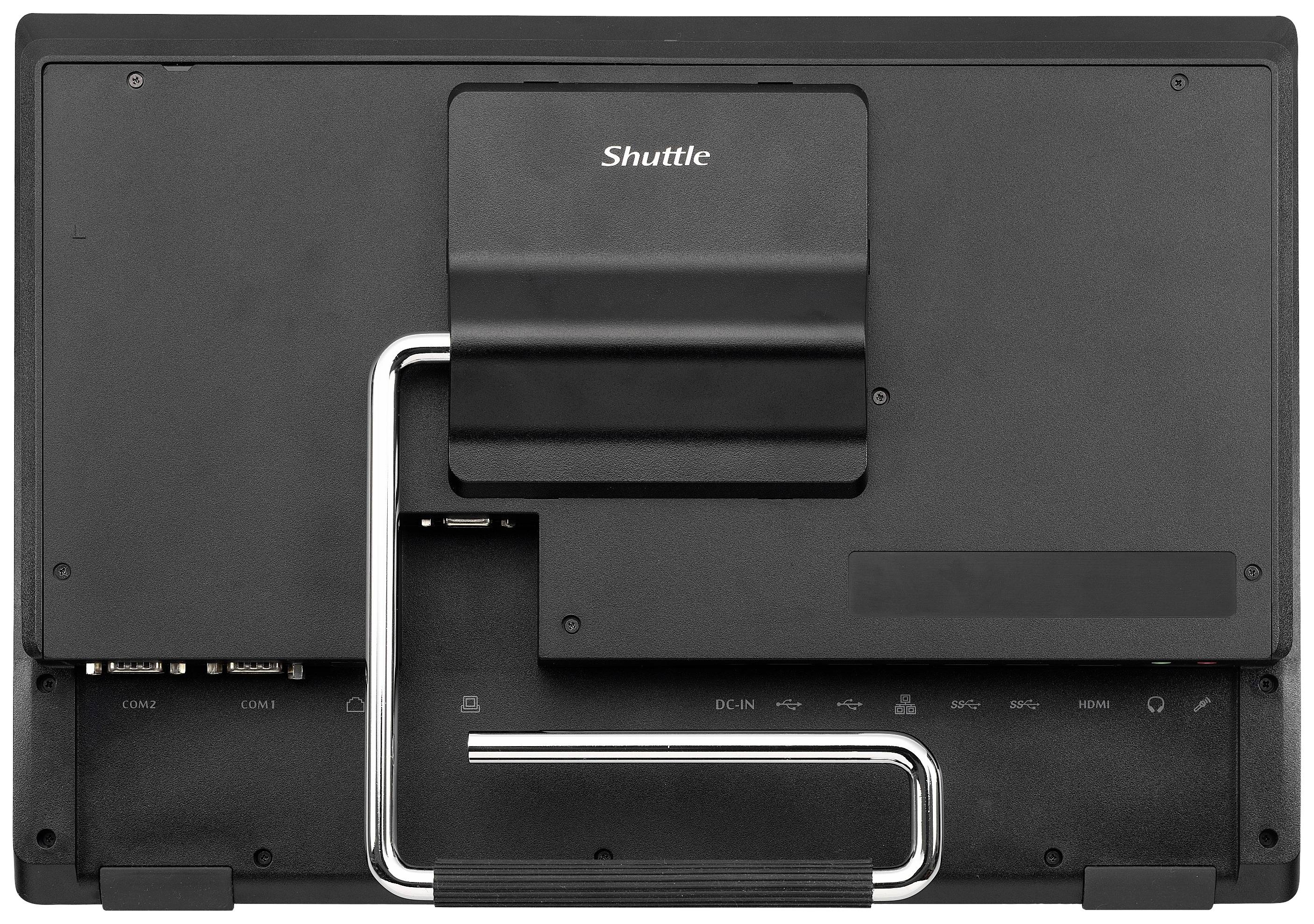 Czarny monitor komputerowy widziany od tyłu z widocznymi złączami i zamontowaną podstawą, z widoczną marką 'Shuttle'.