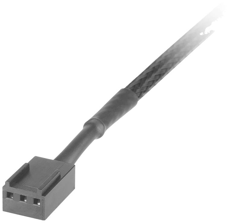 Czarny, pleciony kabel trójżyłowy zakończony czarnym prostokątnym wtykiem.