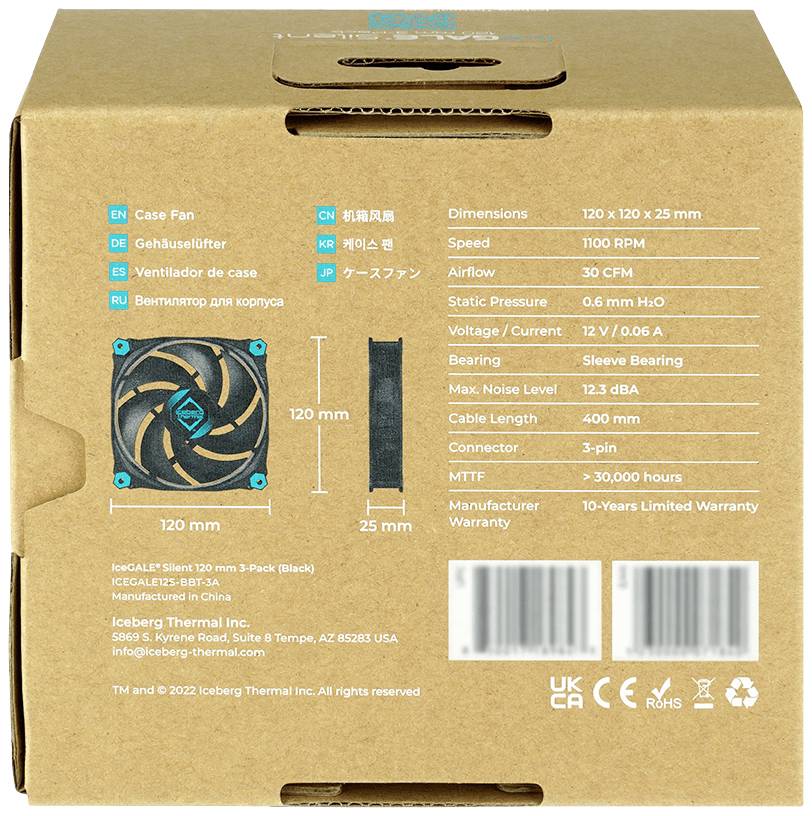 Tył opakowania wentylatora obudowy. Prezentuje wymiary, przepływ powietrza, poziom głośności, rodzaj łożyska, typ podłączenia oraz informacje producenta.