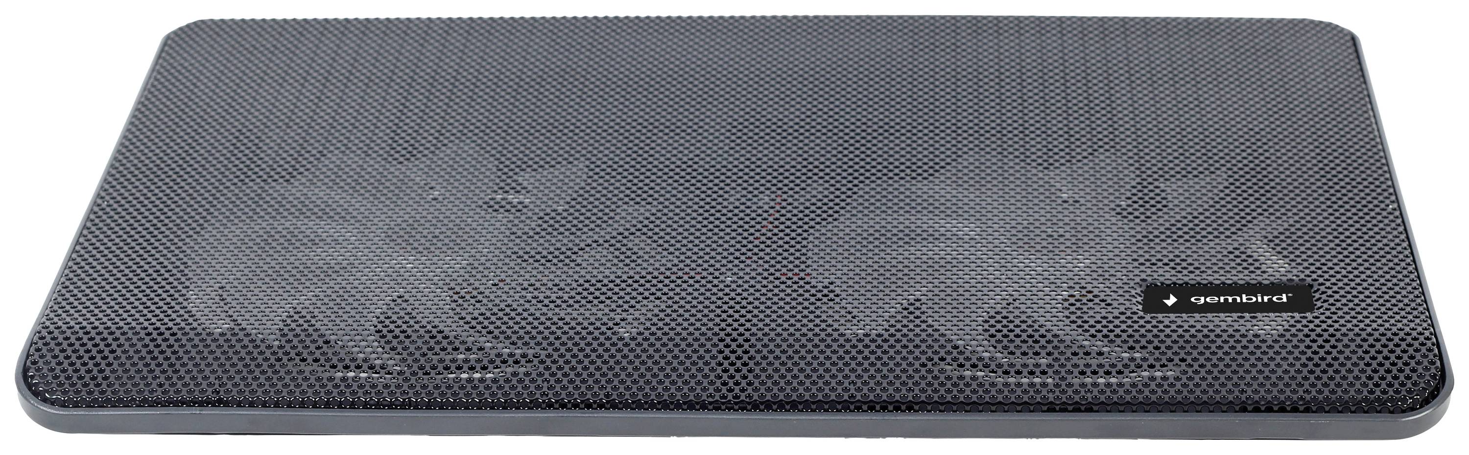 Chłodnica laptopa z dwoma dużymi wentylatorami, czarną siatką siatkową i małym logo 'speedlink' z boku.