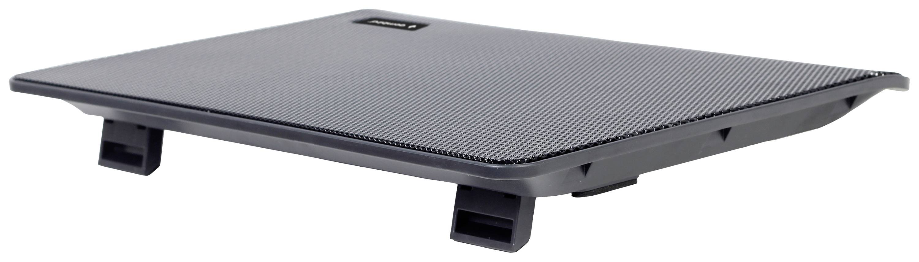 Stojak na laptopa z szarego tworzywa sztucznego z czterema czarnymi nogami zapewniającymi stabilność i zwiększającymi cyrkulację powietrza.