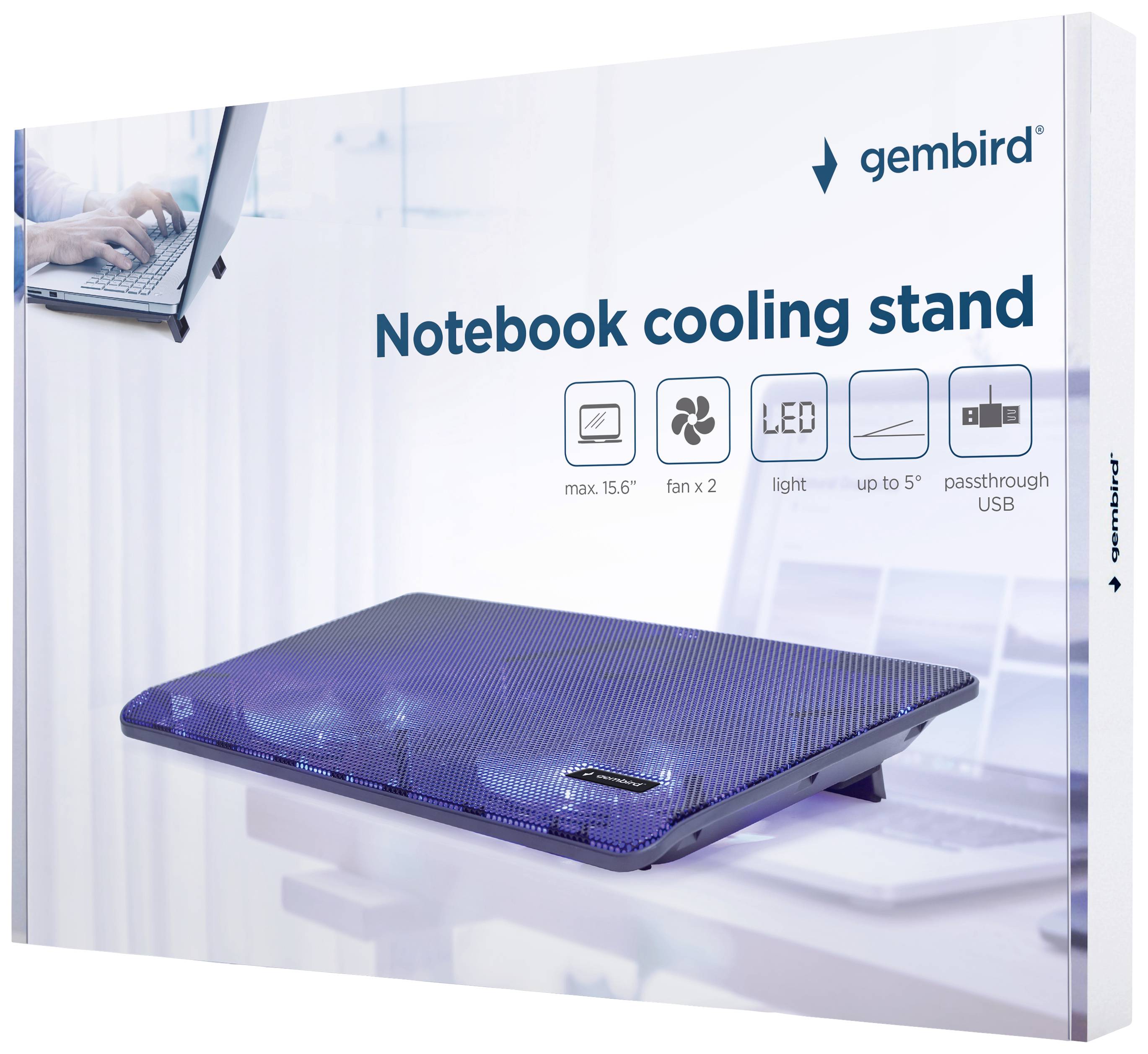 Opakowanie podstawki chłodzącej Gembird do laptopa z ilustracją produktu i ikonami: maks. 15,6", 2 wentylatory, LED, USB, nachylenie do 5°.