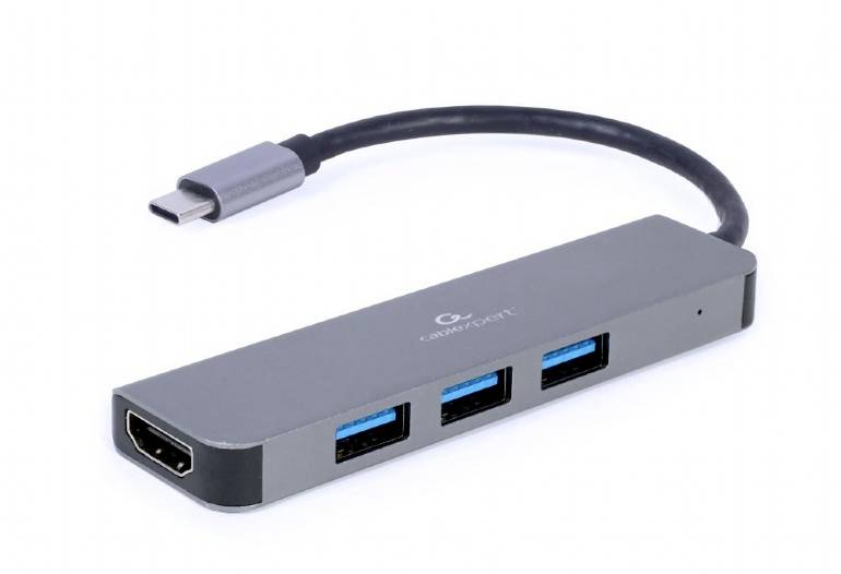 Hub USB-C z wyjściem HDMI i trzema portami USB 3.0, czarny kabel, obudowa w kolorze srebrnym; do rozszerzonej łączności.