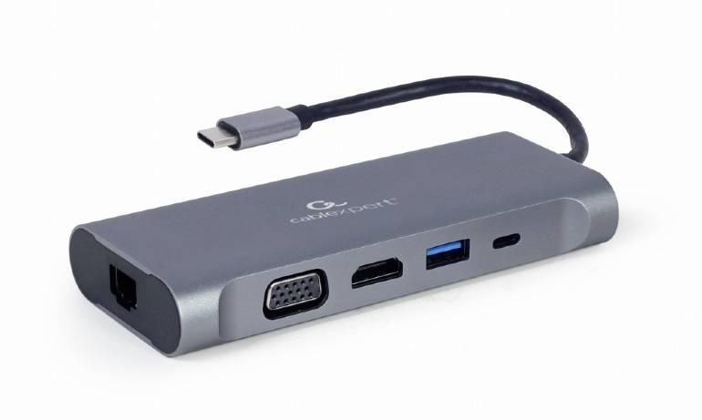 Metalowy hub USB-C z różnymi portami: VGA, HDMI, USB-A, USB-C i Ethernet. Kompatybilny z rozszerzaniem urządzeń.