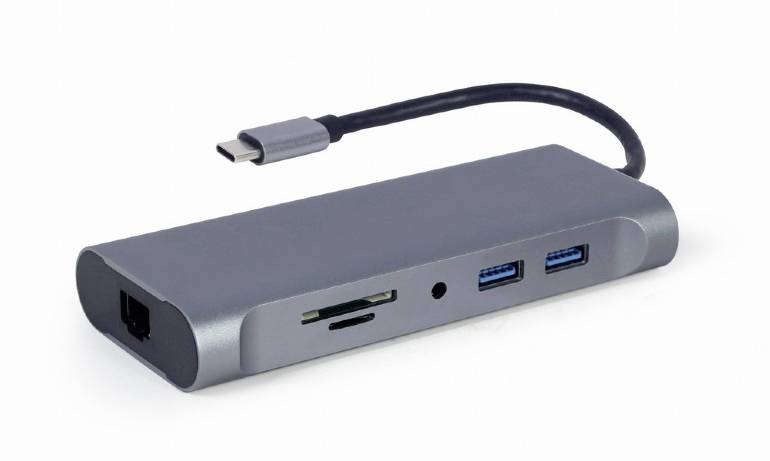 Szary hub USB-C z dwoma portami USB, portem Ethernet, gniazdem karty MicroSD oraz gniazdem audio.