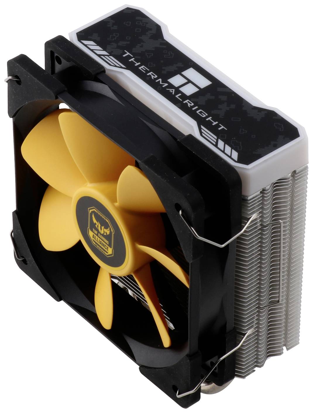 'Wentylatory i radiatory firmy Thermalright. Żółty wentylator zamontowany na czarnej ramie obok radiatora wykonanego z metalowych żeberek.'