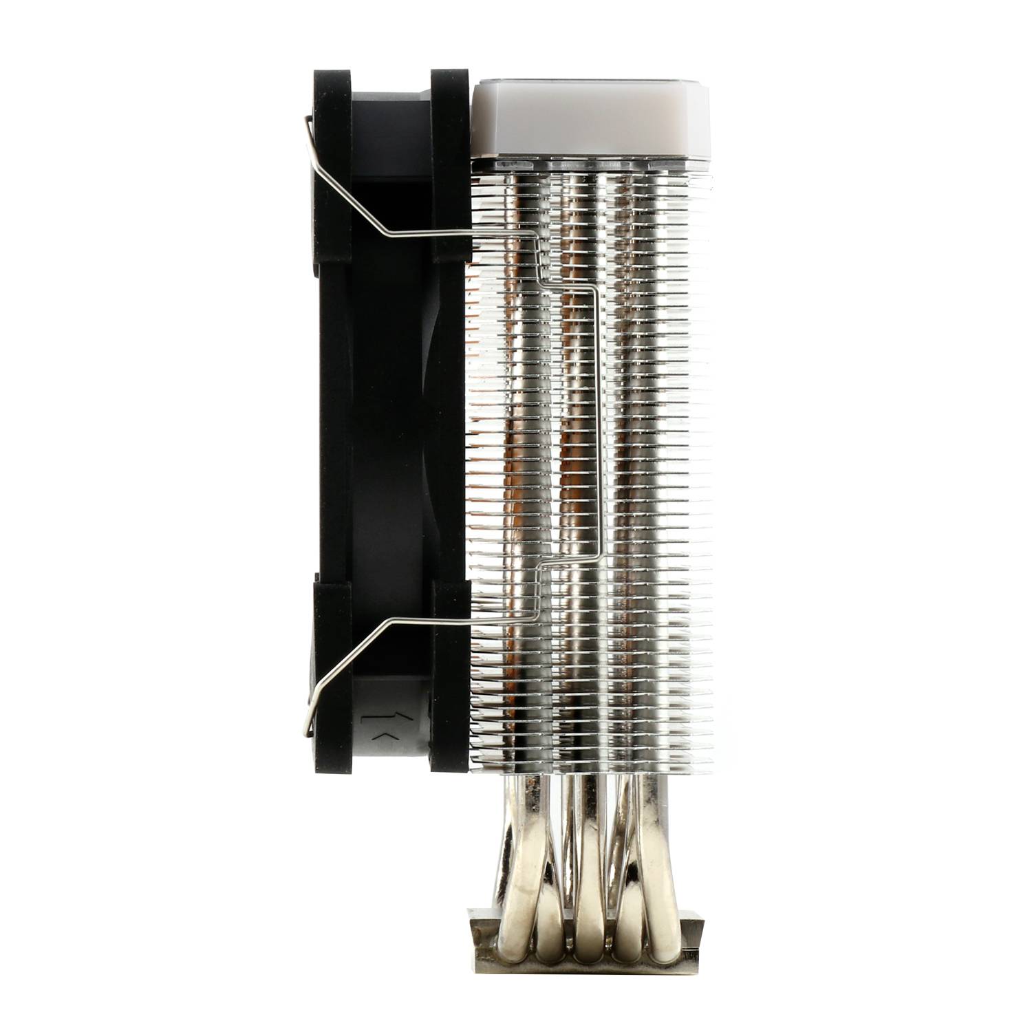 Chłodnica procesora z pionowymi żeberkami i przewodami cieplnymi. Wentylator jest zamocowany po lewej stronie, aby wspomóc odprowadzanie ciepła.