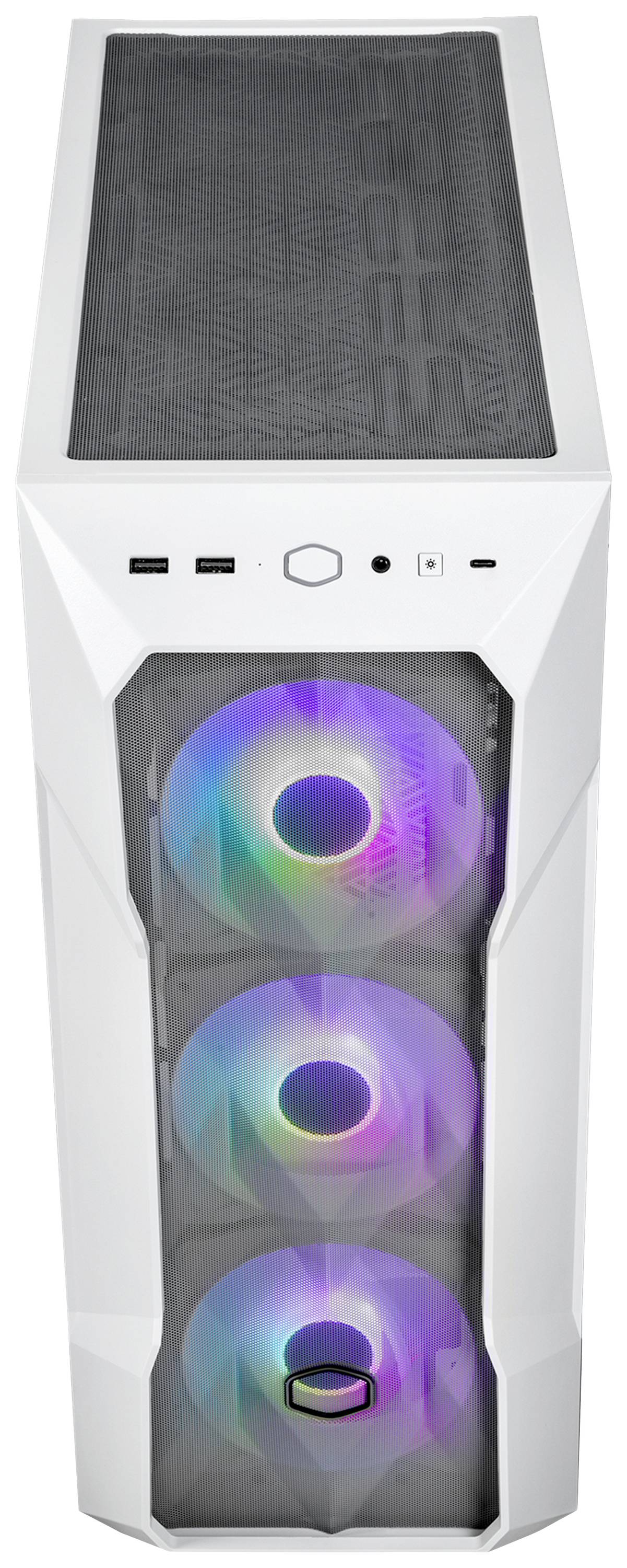 Białe obudowa komputera z trzema świecącymi, kolorowymi wentylatorami z przodu. Na górze znajdują się złącza i duży wentylator.