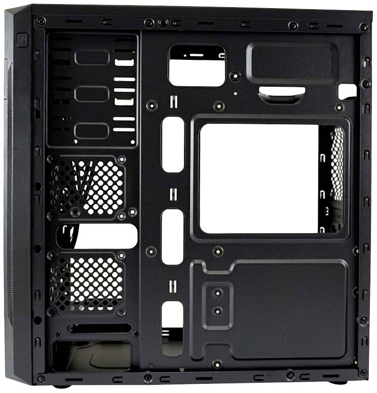Czarna obudowa komputera z otwartą tylną ścianką, ukazująca wnętrze oraz sloty do montażu podzespołów, sfotografowana z boku.