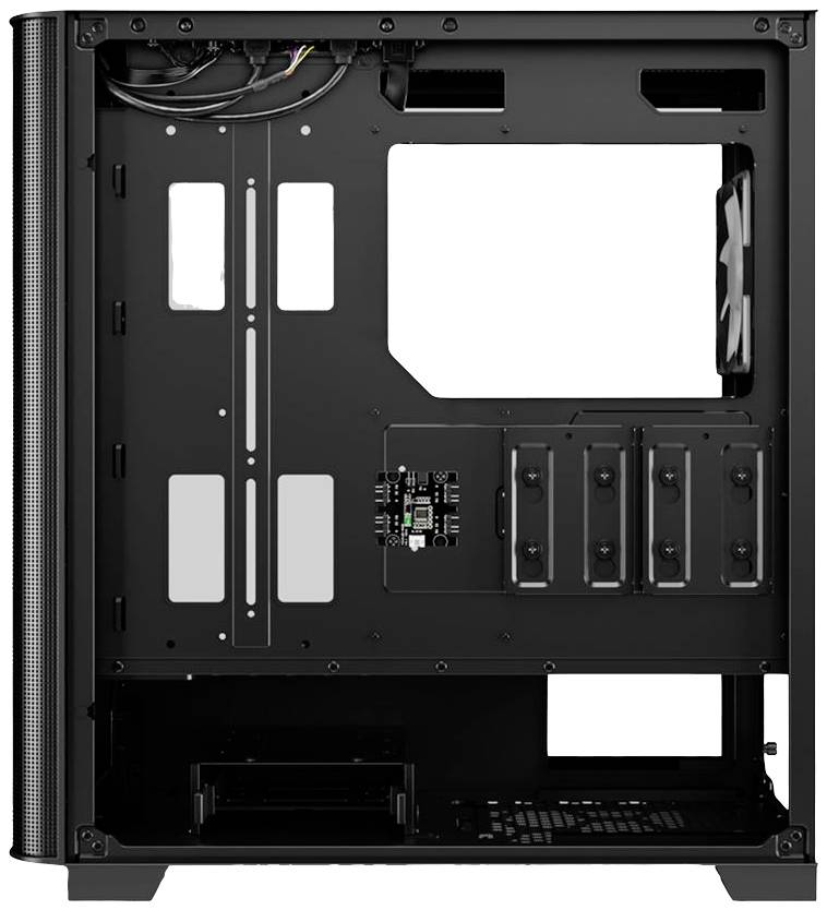 Czarna obudowa komputera z odkrytą przestrzenią wewnętrzną, prezentująca zarządzanie kablami, miejsca na wentylatory oraz punkty montażowe dla podzespołów sprzętowych.