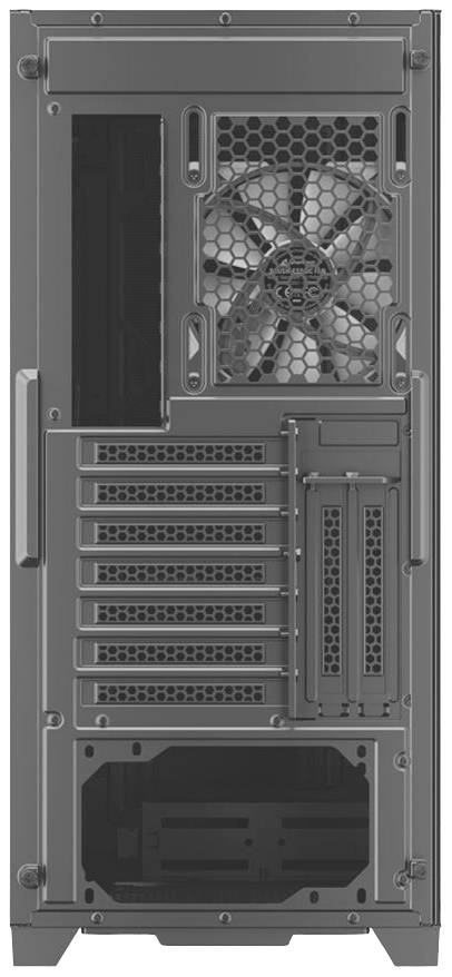 Widok tylny obudowy komputera z wieloma otworami wentylacyjnymi, wentylatorem u góry oraz slotami na karty rozszerzeń.