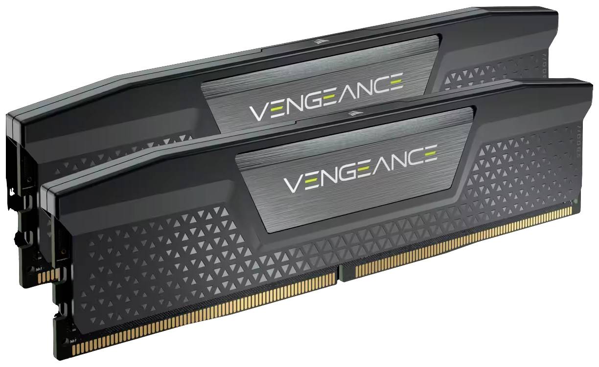 Dwa czarne moduły RAM z napisem 'VENGEANCE'. Leżą jeden na drugim i są przeznaczone do rozbudowy pamięci komputera.