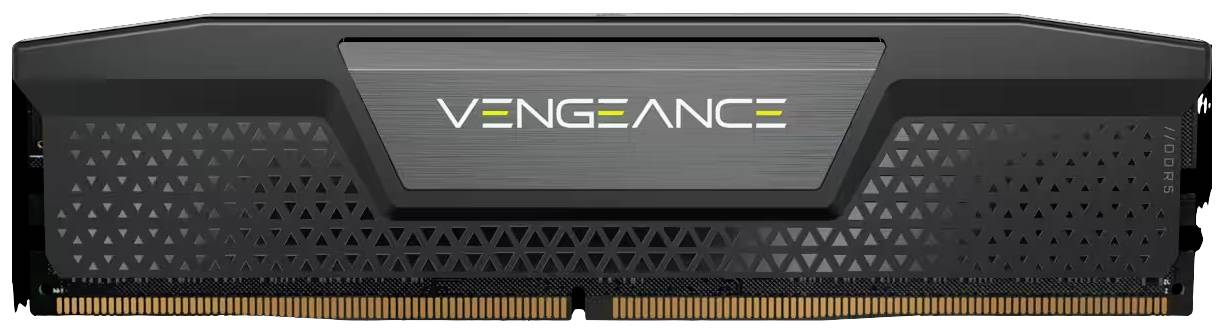 Moduł pamięci RAM firmy Corsair z serii 'Vengeance', o nowoczesnym designie z czarną powierzchnią i geometrycznym wzorem.