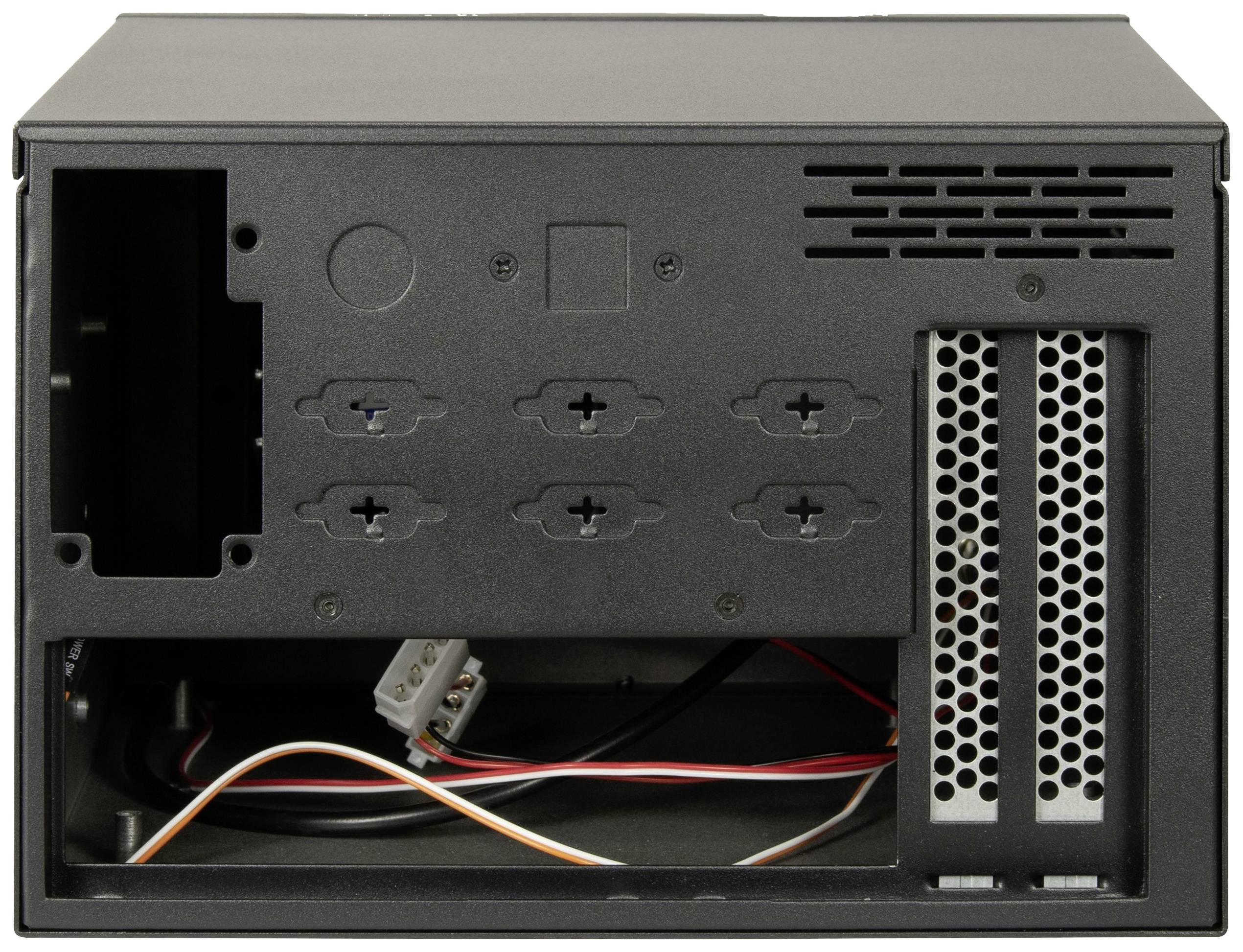 Tylna strona pustej obudowy komputera prezentuje kilka szczelin wentylacyjnych, punkty mocowania śrub oraz luźne przewody wewnątrz.