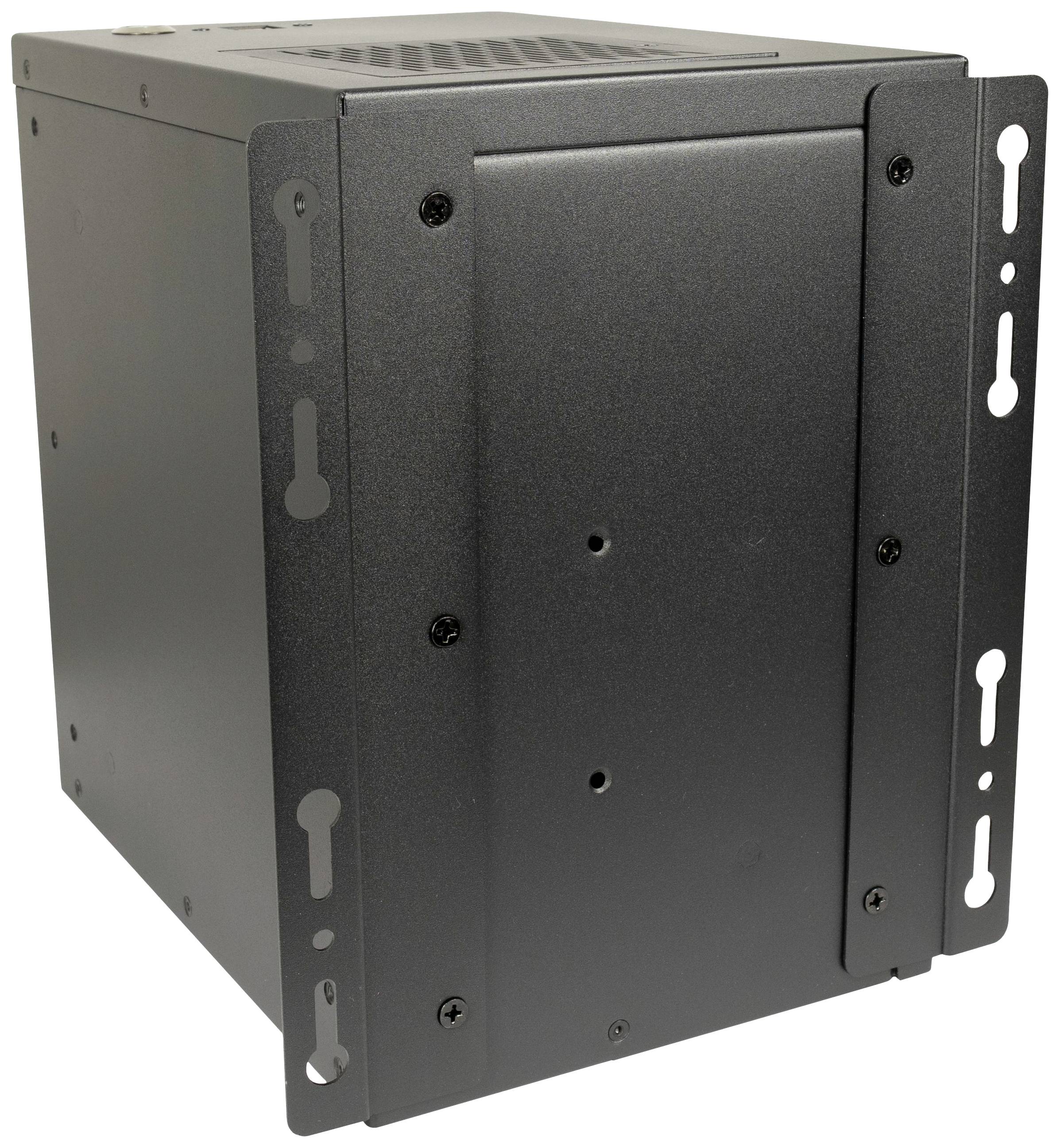 Czarna, prostokątna obudowa metalowa z otworami wentylacyjnymi na górze i otworami montażowymi po bokach.