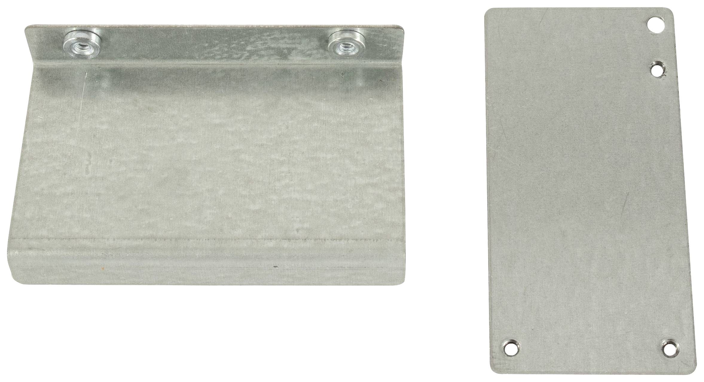 Kątownik metalowy z dwoma otworami na śruby po lewej stronie oraz prostokątna płyta metalowa z dwoma otworami po prawej stronie, wykonane z szarego metalu.