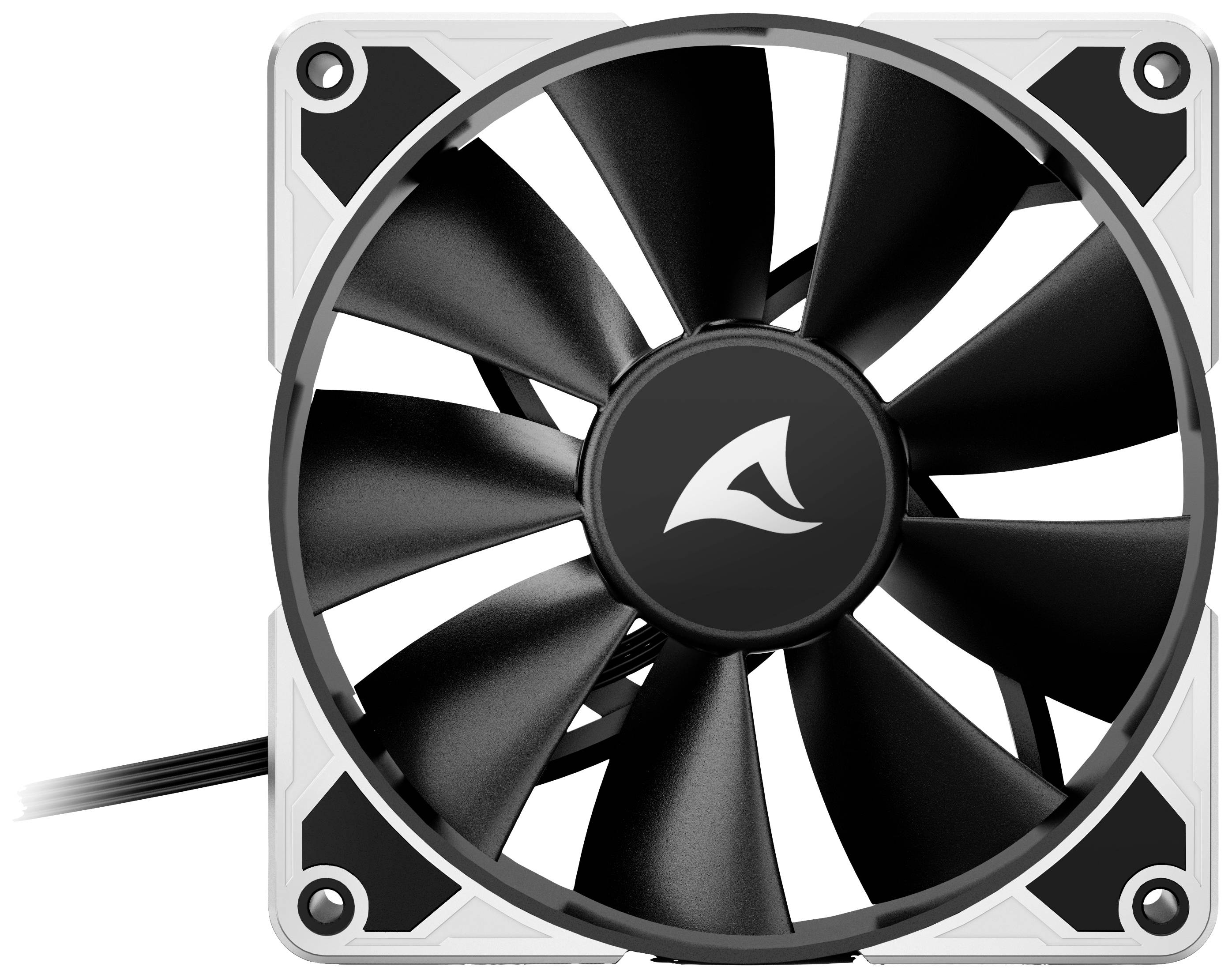 Czarny wentylator komputerowy z siedmioma łopatkami w białej ramce, z centralnie umieszczonym logo, kabel po lewej stronie.