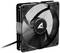 Czarny wentylator komputerowy z czarną ramką i przezroczystymi łopatkami. Na piaście znajduje się logo.