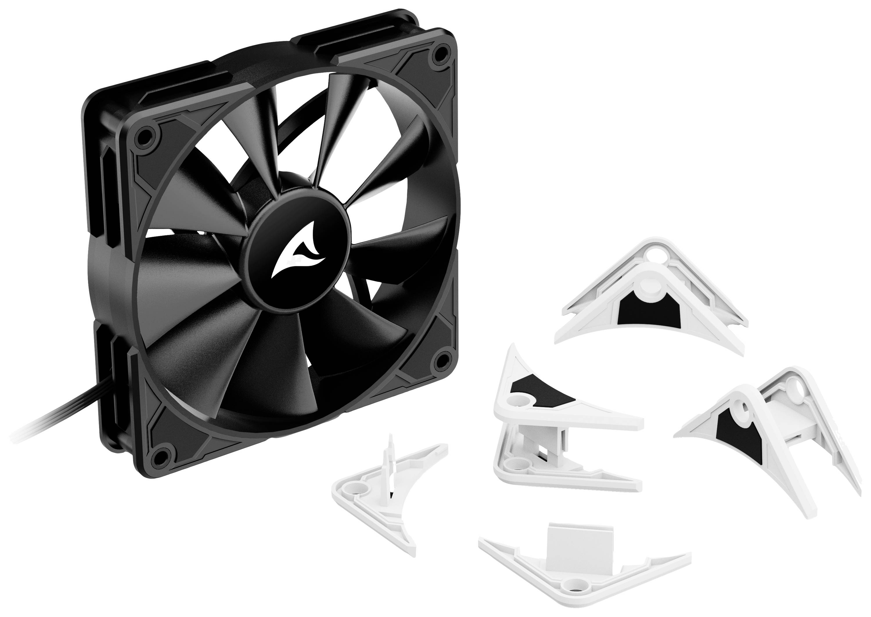 Czarny wentylator komputerowy z kablem i pięcioma zdejmowanymi białymi narożnikami leży obok, służy do dopasowania wentylatora do różnych obudów.