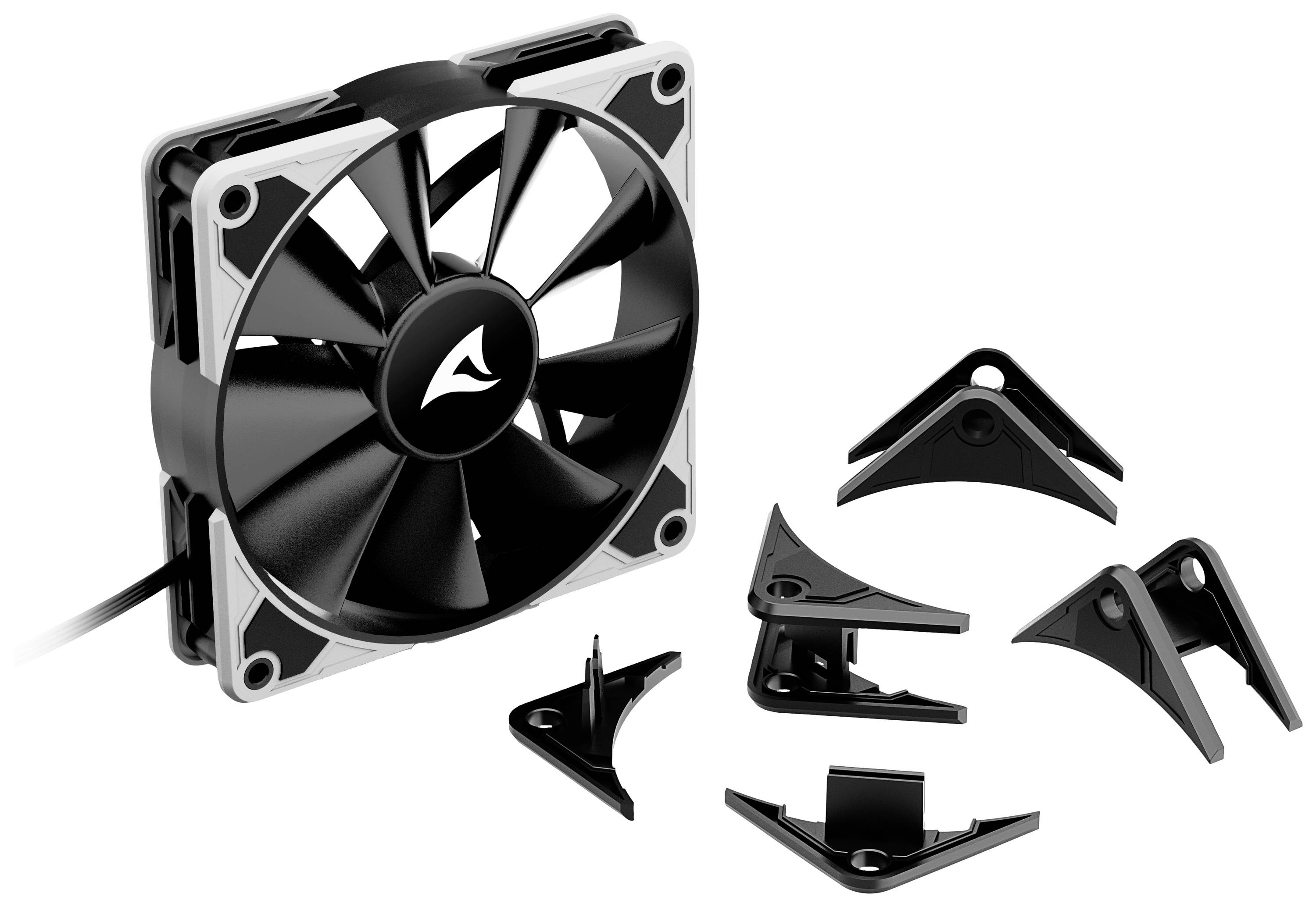 Czarno-biały wentylator komputerowy z demontowanymi narożnikami, przewodowy, na białym tle. Obok leżą części akcesoryjne.