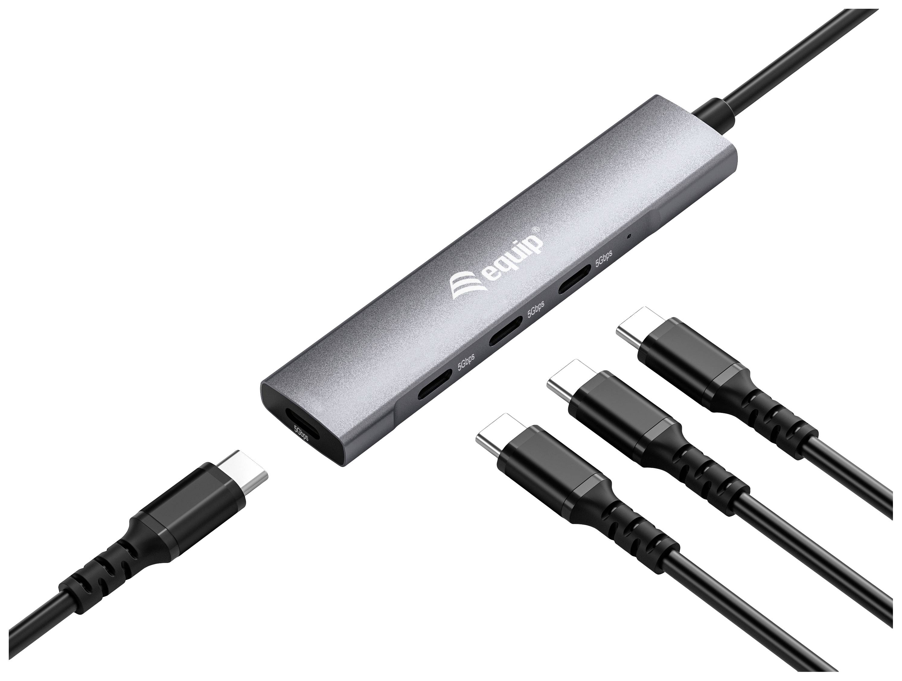 Koncentrator USB-C z wieloma portami do różnych typów kabli, w tym USB-C i HDMI, przedstawiony w neutralnym otoczeniu.