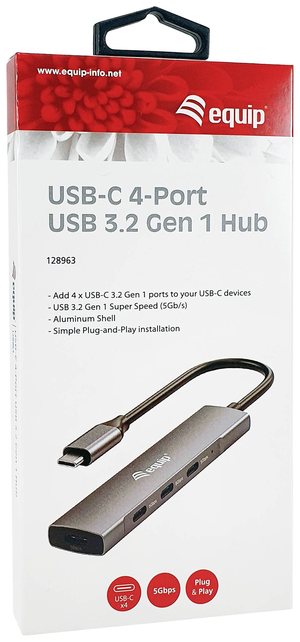 Hub USB-C 4-portowy firmy 'equip' dla USB 3.2 Gen 1 o przepustowości 5 Gb/s, w obudowie aluminiowej, w standardzie Plug-and-Play, numer produktu 128963.