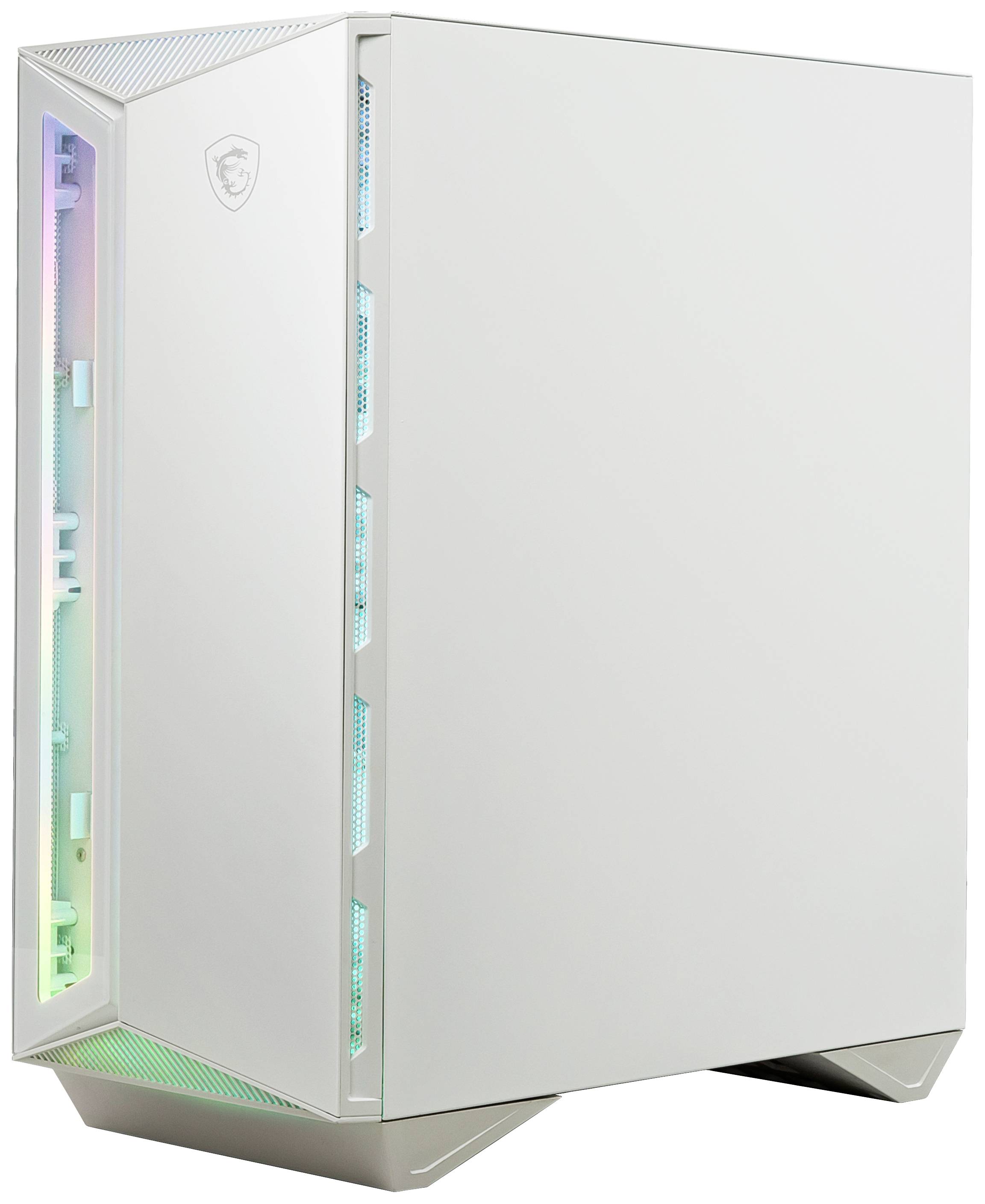 Białe obudowa komputera z subtelnym podświetleniem RGB z przodu, stojąca pionowo i prezentująca swój nowoczesny design.