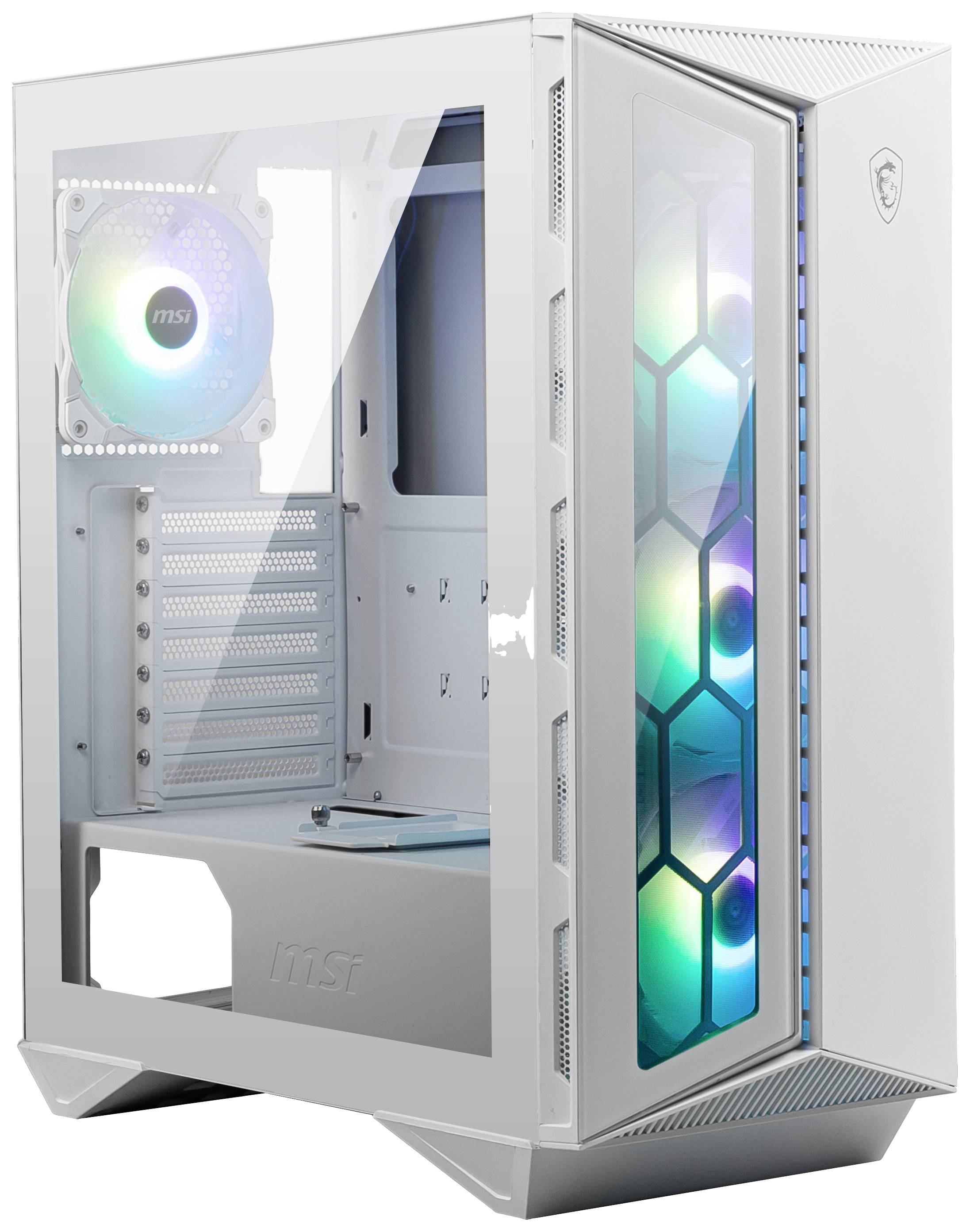 Białe obudowa komputera ze szklaną przednią ścianką i boczną pokrywą. Widoczne są podświetlane wentylatory oraz struktury plastra miodu z przodu.