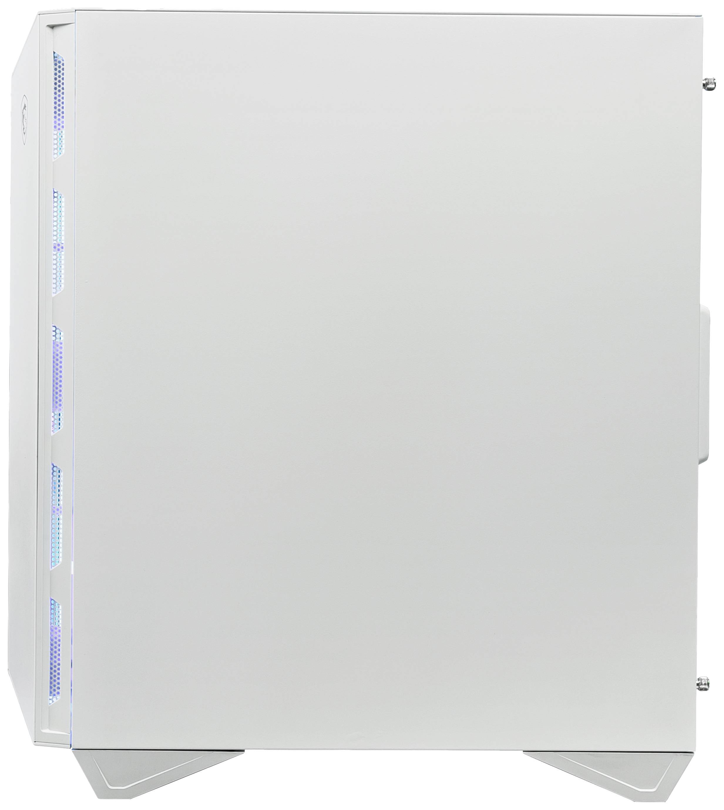 Białe obudowie komputera z boczną klapą, subtelnym niebieskim podświetleniem i stabilnymi stopkami.