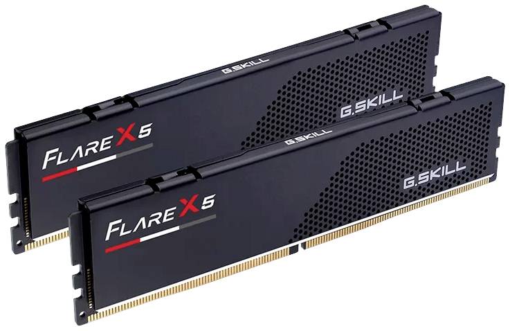 Dwa czarne moduły RAM marki G.Skill Flare X5, ułożone równolegle. Charakteryzują się dyskretnym, nowoczesnym designem.