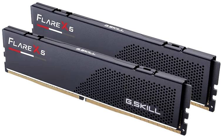 Dwa czarne moduły RAM z napisem 'G.SKILL Flare X5', ułożone obok siebie. Przeznaczone głównie do rozbudowy komputera.