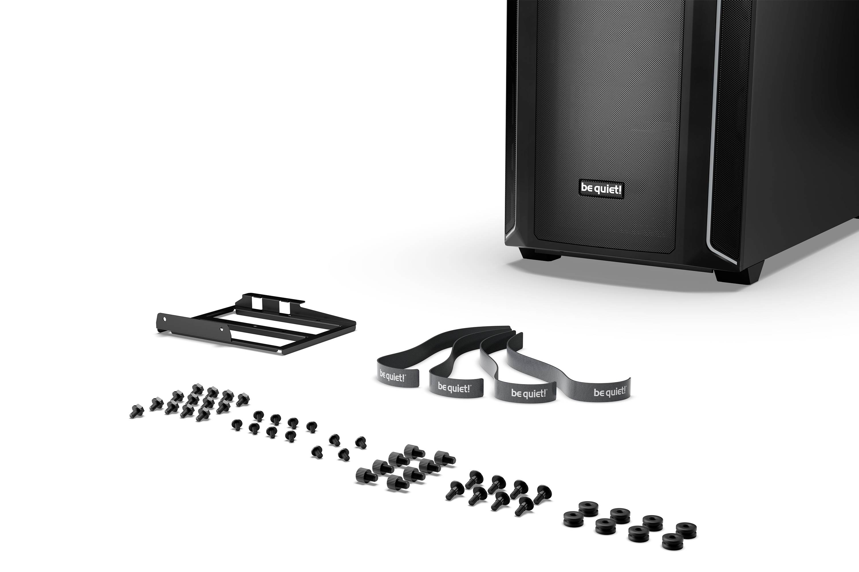 Obudowa komputera z logo be quiet!, dołączone: śruby, opaski rzepowe i ramka montażowa. Akcesoria do montażu w zestawie.