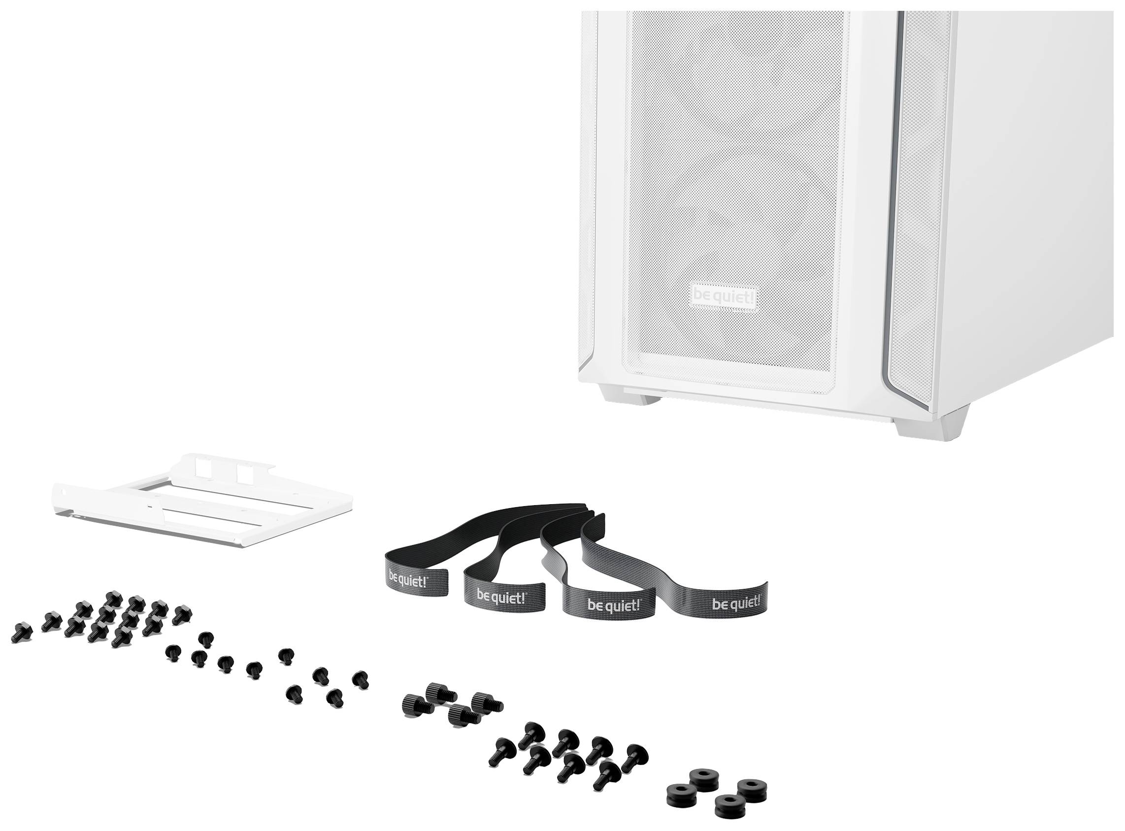 Białą obudowę komputerową z opaskami kablowymi, śrubami i ramką montażową marki 'be quiet!' przedstawiono na zdjęciu. Idealna dla majsterkowiczów PC.