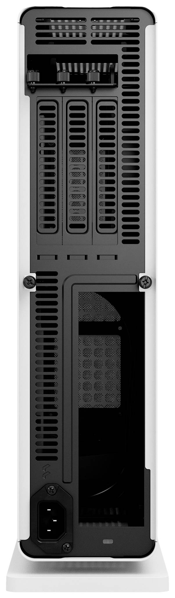 Tylna ściana obudowy komputera z otworami wentylacyjnymi, złączami i jednostką zasilającą.