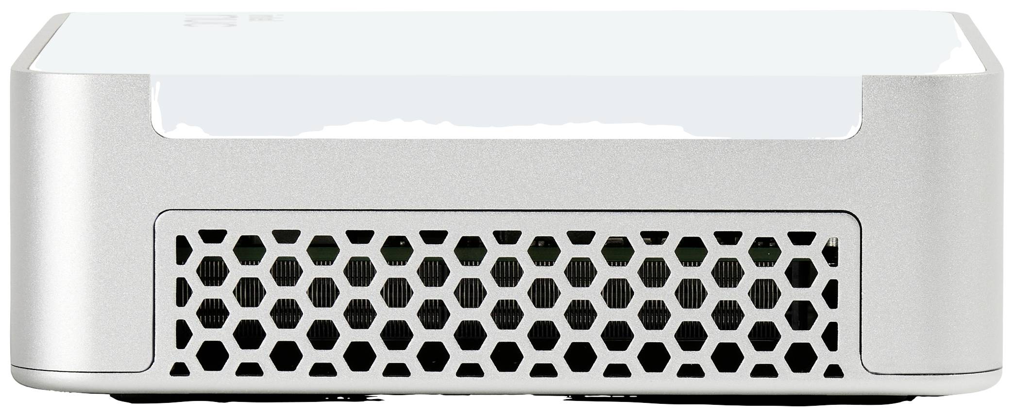 Kompaktowy srebrny projektor z sześciokątną kratką wentylacyjną z przodu, umieszczony w nowoczesnym otoczeniu.