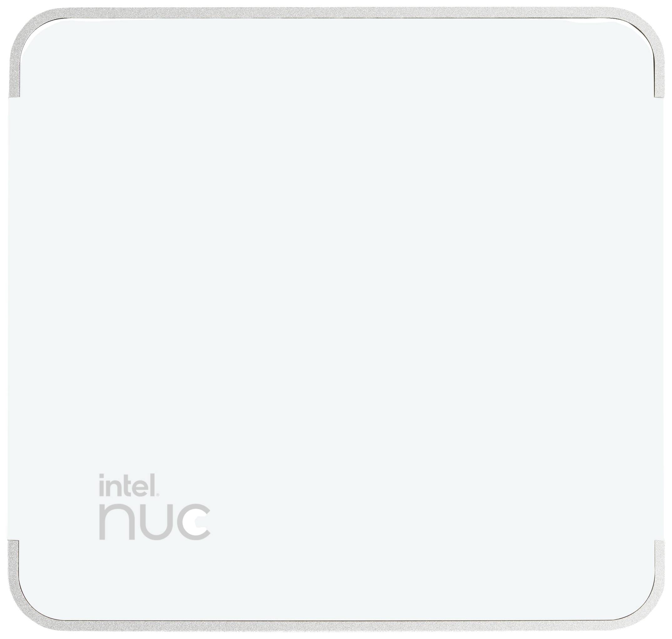 Kwadratowe urządzenie o zaokrąglonych narożnikach, na którym widnieje napis 'intel nuc'. Posiada minimalistyczny, nowoczesny design.