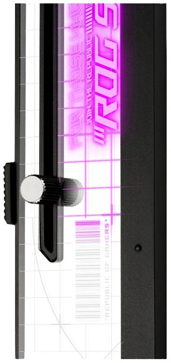 Metalowy pręt rurowy z różowym napisem świecącym 'ROG', z boczną śrubą do regulacji wysokości, o technicznym designie.