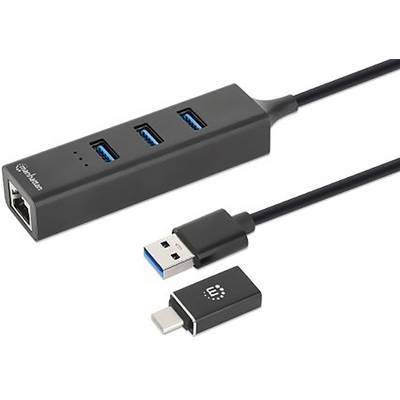 Hub USB z trzema portami USB, jednym portem Ethernet i dwoma adapterami połączeniowymi. Umożliwia rozszerzoną łączność.